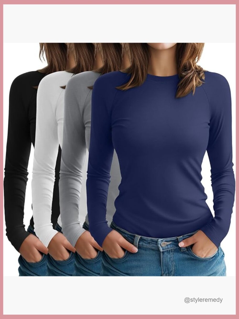 4 Pack Long Sleeve T-Shirts Cotton Blend Stretch Crew Neck Tops